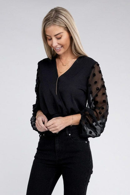 V Neck Wrap Sheer Sleeves Bodysuit