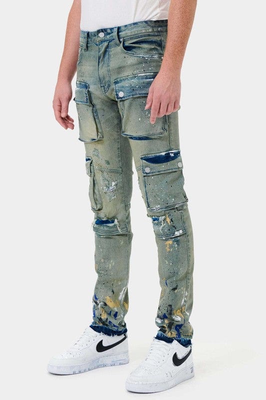 Multi Cargo Slim Straight Denim Jeans