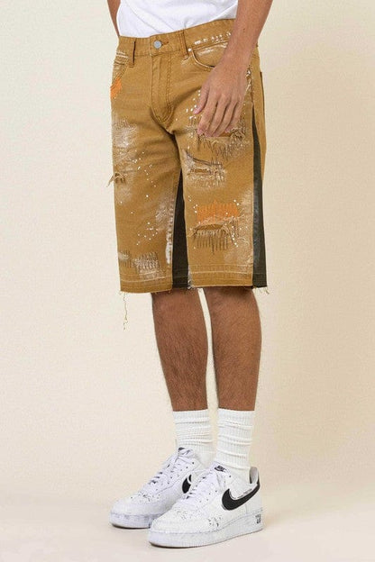 MULTI CAMO PANELED  RELEASED HEM DENIM SHORTS