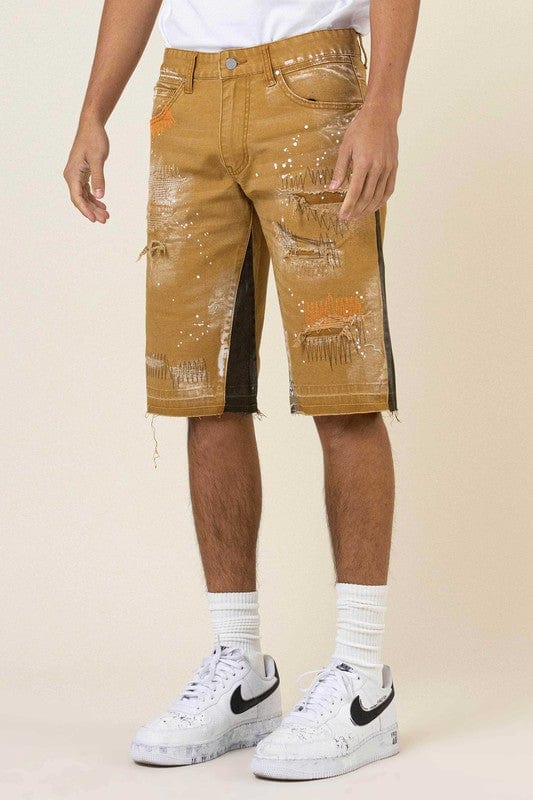 MULTI CAMO PANELED  RELEASED HEM DENIM SHORTS