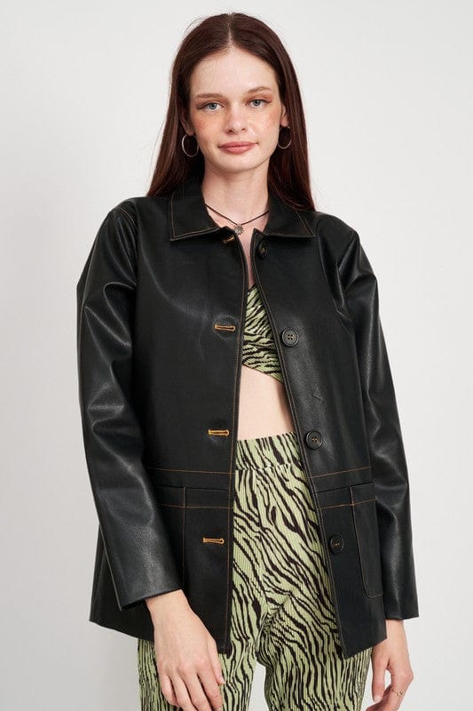 Button up leather jacket with stiching contract