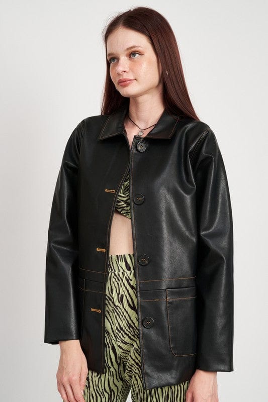 Button up leather jacket with stiching contract