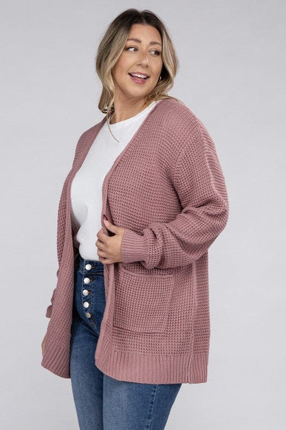 Plus Low Gauge Waffle Open Cardigan Sweater