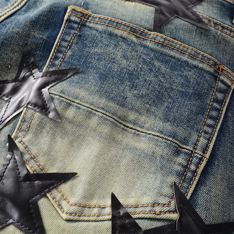 Men's Leather Stars Patch Stretch Denim Jeans