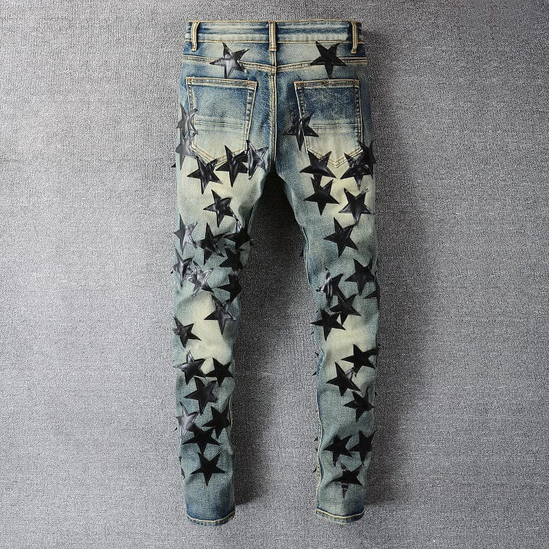 Men's Leather Stars Patch Stretch Denim Jeans