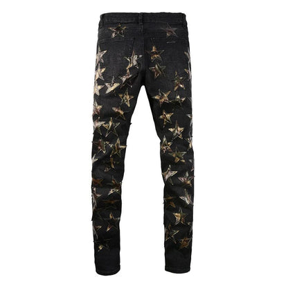 Men's Camouflage Leather Stars Patches Jeans