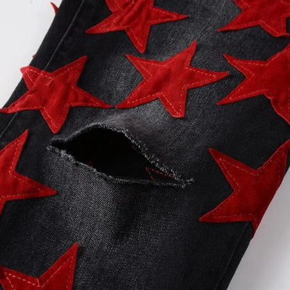 Men's Red Stars Patches Stretch Denim Jeans