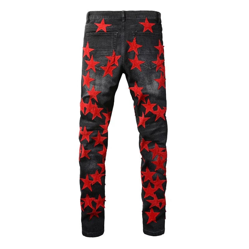 Men's Red Stars Patches Stretch Denim Jeans