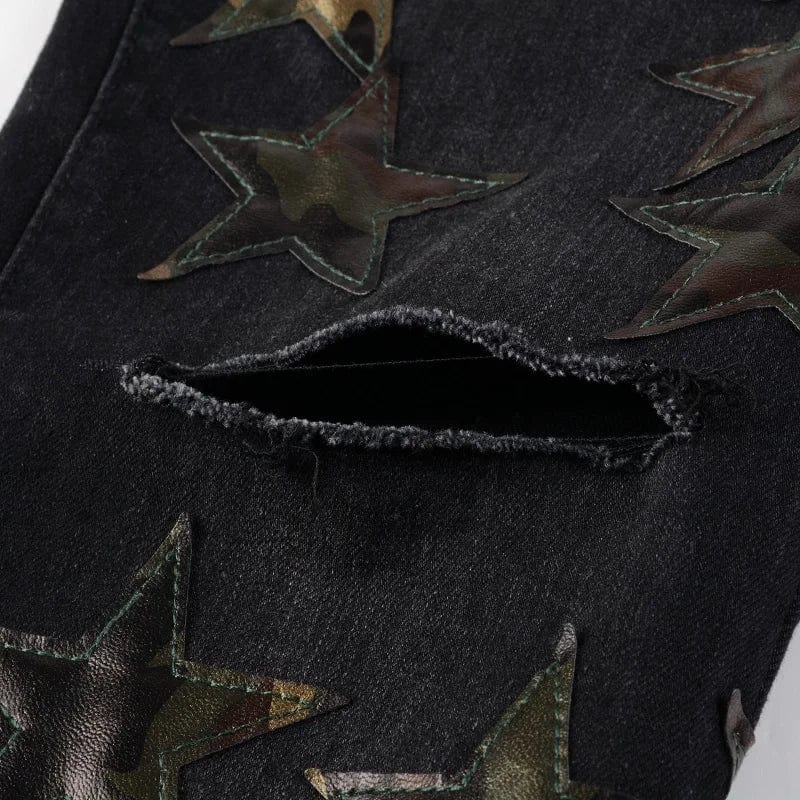 Men's Camouflage Leather Stars Patches Jeans