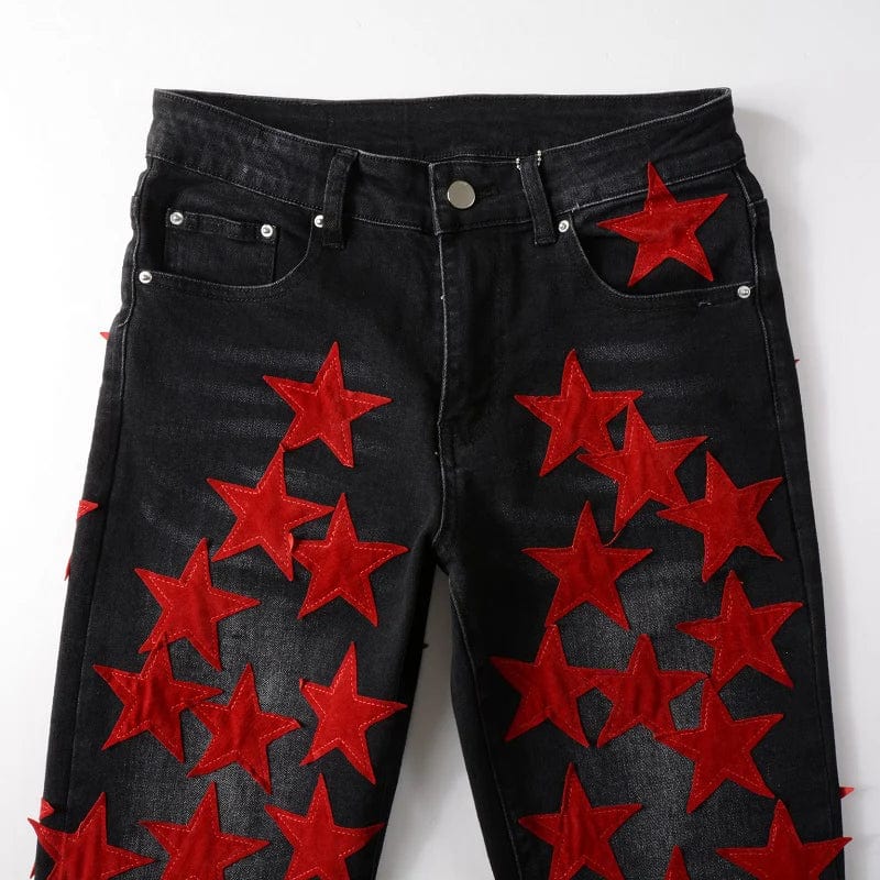 Men's Red Stars Patches Stretch Denim Jeans