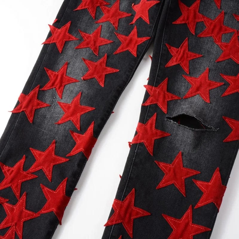 Men's Red Stars Patches Stretch Denim Jeans