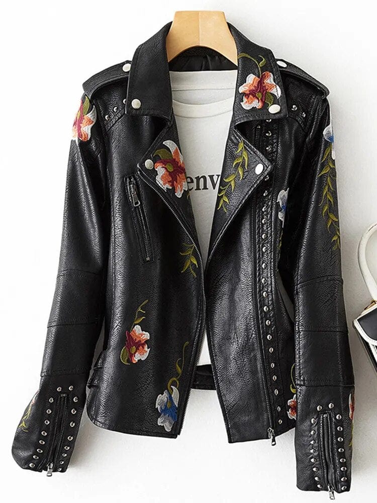 Women Embroidery Retro Floral Leather Jacket