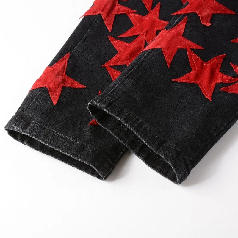 Men's Red Stars Patches Stretch Denim Jeans