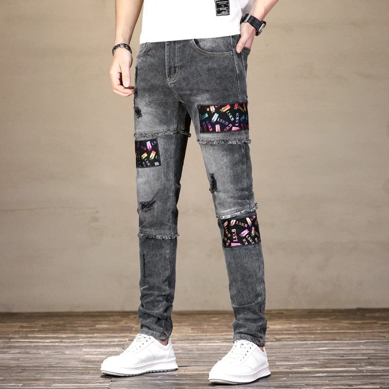 Men's Neon Letters Print Patches Jeans