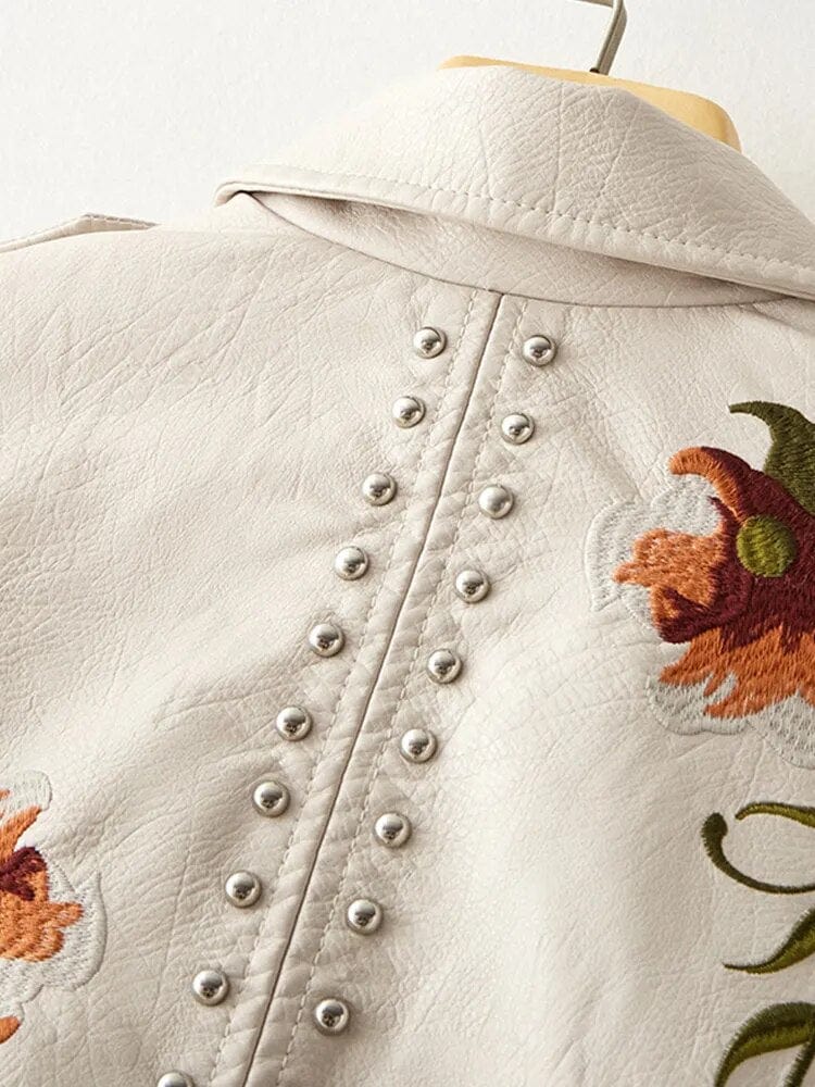 Women Embroidery Retro Floral Leather Jacket