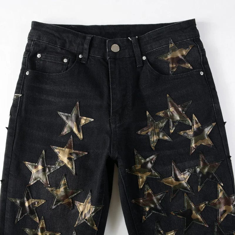 Men's Camouflage Leather Stars Patches Jeans