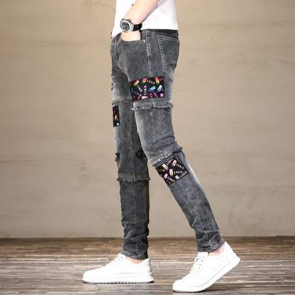 Men's Neon Letters Print Patches Jeans