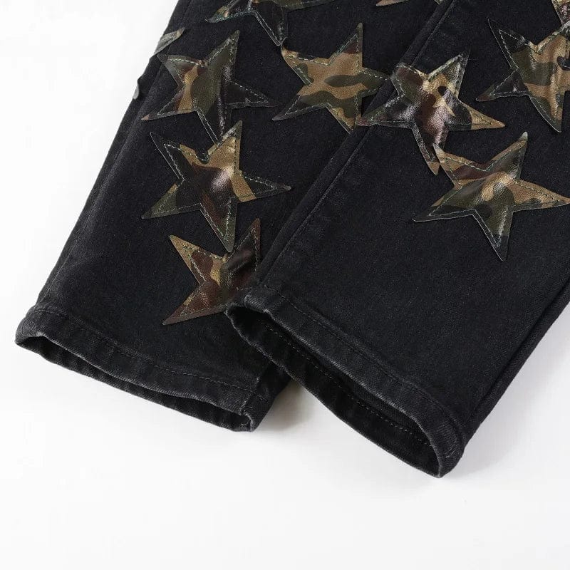 Men's Camouflage Leather Stars Patches Jeans