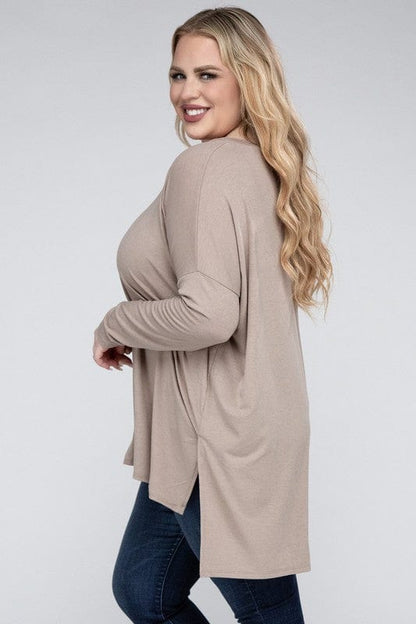 Plus Dolman Sleeve V-Neck Side Slit Hi-Low Hem Top