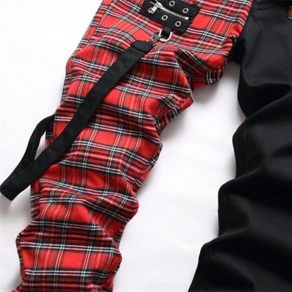 Fashion Red Plaid Patchwork jeans