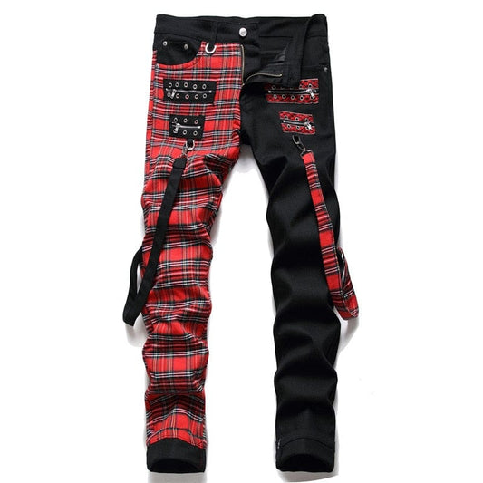 Fashion Red Plaid Patchwork jeans