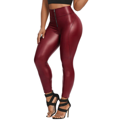 Womens High Waist Zipper Leather Pants