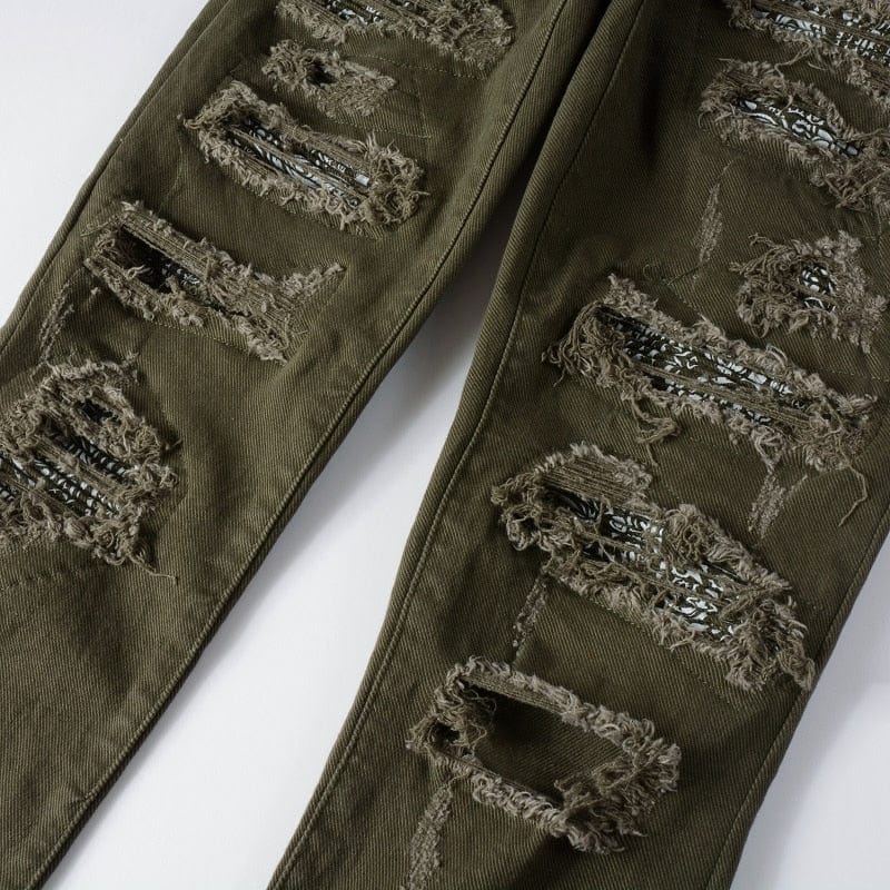 Men Military Green Ripped Jeans