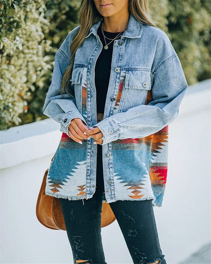 Women Lapel Pocket Denim Jacket