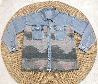 Women Lapel Pocket Denim Jacket