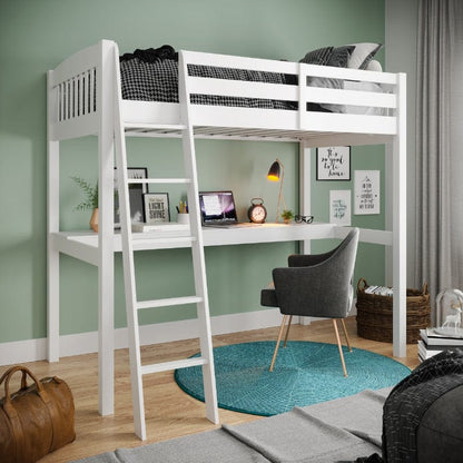 Kids White High Loft Bed with Desk and Storage Space