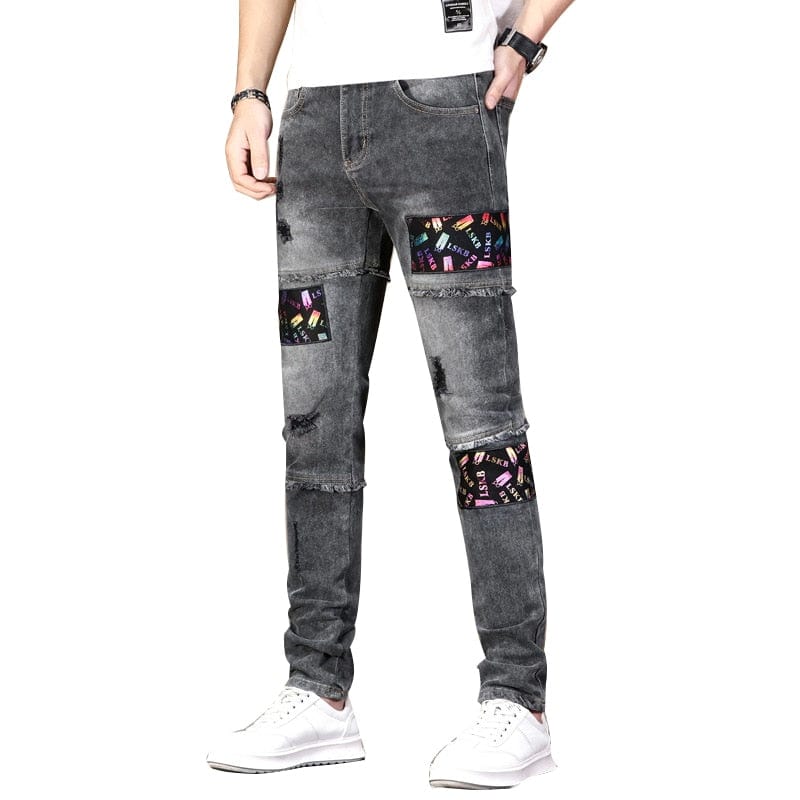 Men's Neon Letters Print Patches Jeans