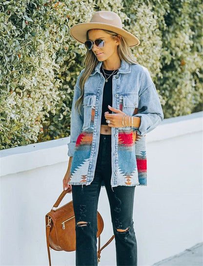 Women Lapel Pocket Denim Jacket