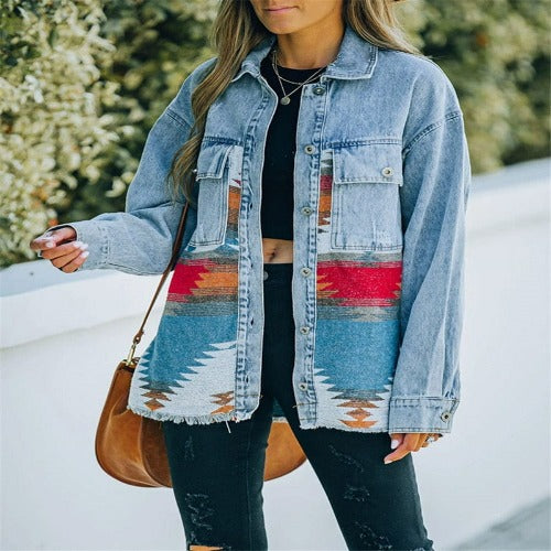 Women Lapel Pocket Denim Jacket