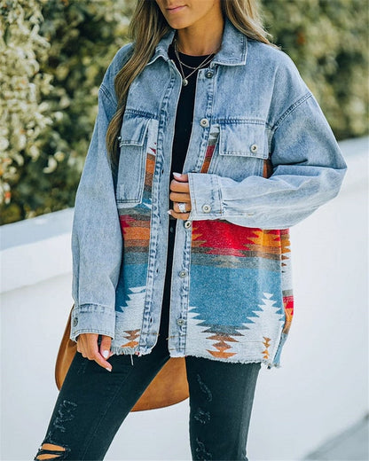 Women Lapel Pocket Denim Jacket