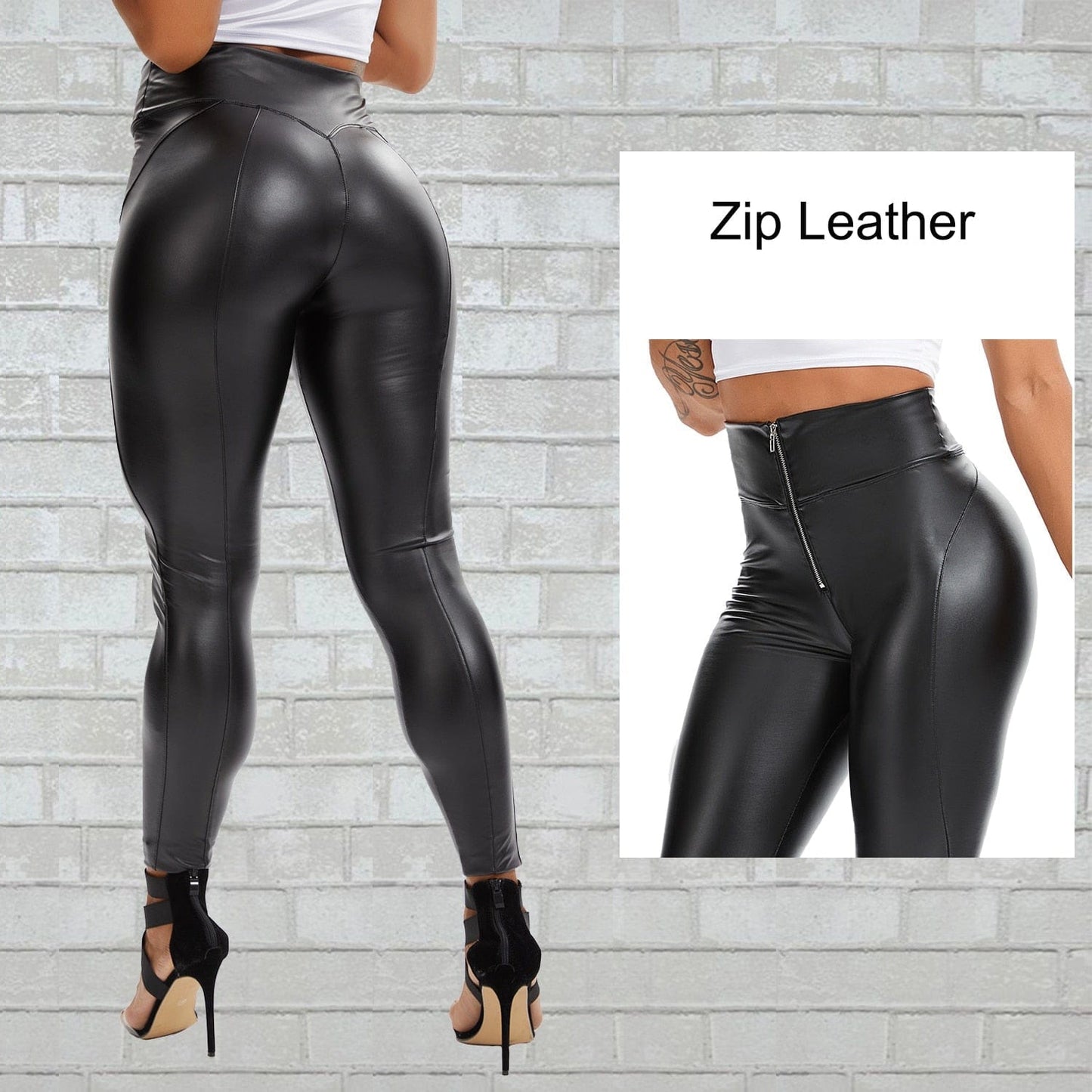 Womens High Waist Zipper Leather Pants