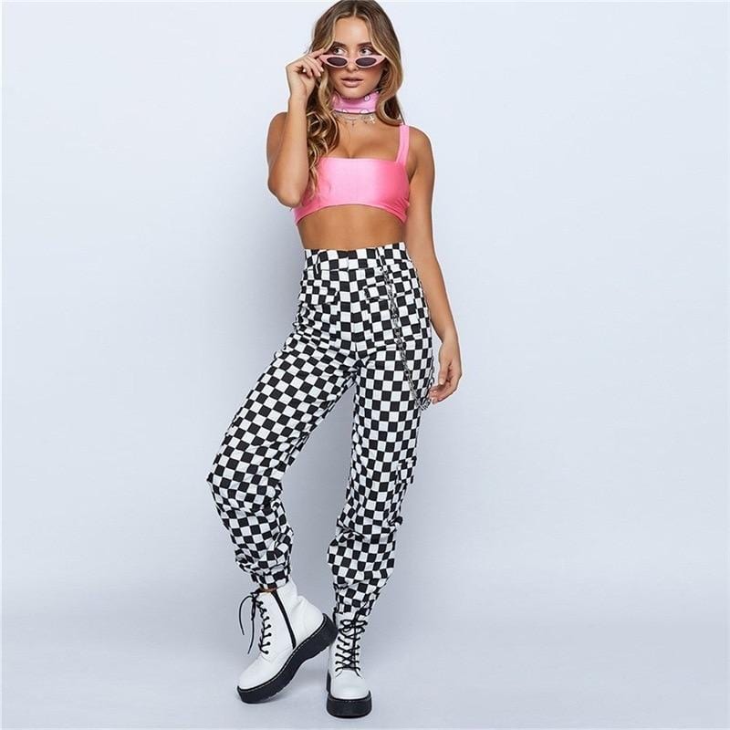 Women Plaid Zipper Checkered Pants