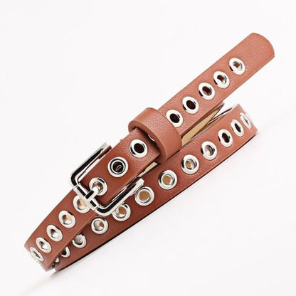 Women Waist Belt Hollow Rivets PU Leather Strap