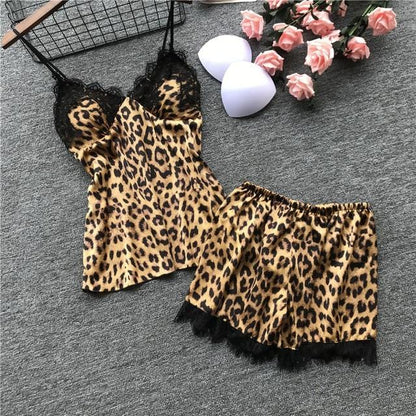 Woman Ice Silk Fashion Leopard Print Sexy Pajama Set