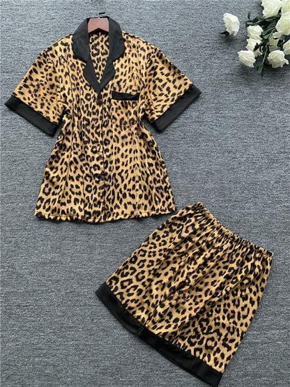 Woman Ice Silk Fashion Leopard Print Sexy Pajama Set