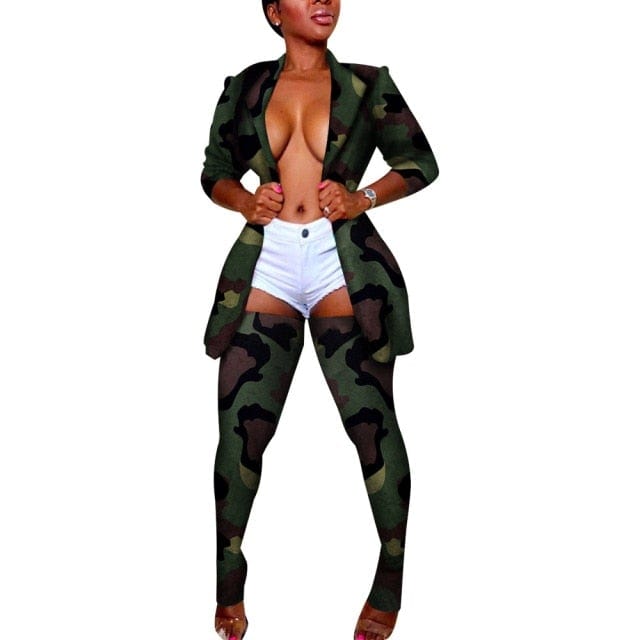 Womens Blazer Top + Pant Camo Print