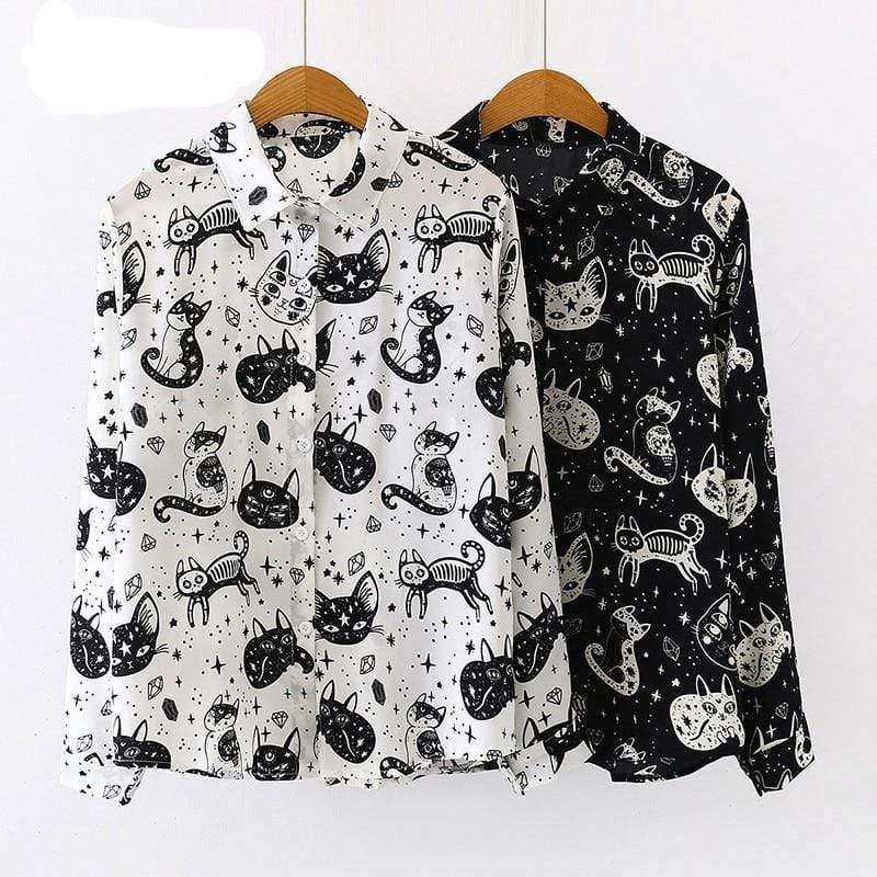 Women Cat Print Pattern Blouse