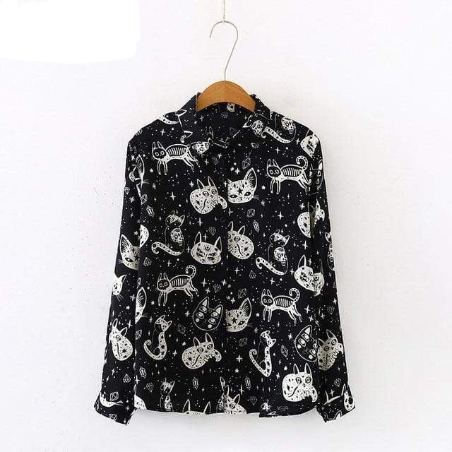 Women Cat Print Pattern Blouse