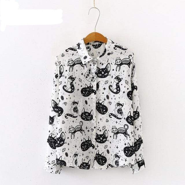 Women Cat Print Pattern Blouse