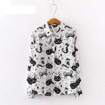 Women Cat Print Pattern Blouse