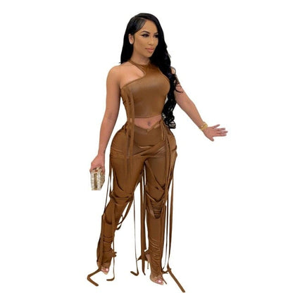 Women Ribbons Cut Out Slim Crop Top+ Pant