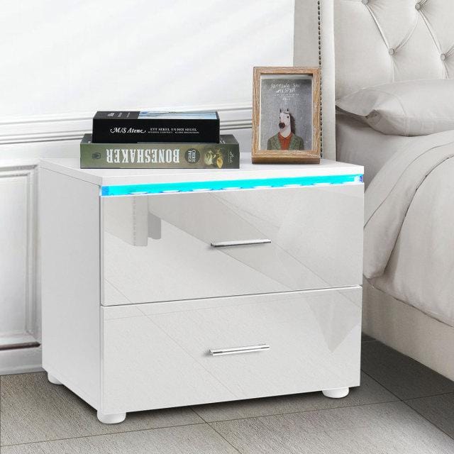 Luxury LED Light Nightstand w/2 Drawers Organizer