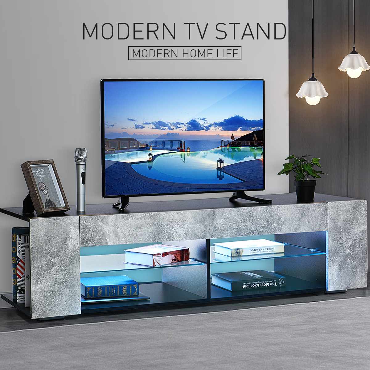 LED TV Stands With 2 Side Cabinet Storage Organizer