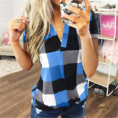 Women Short Sleeve Plaid Shirt