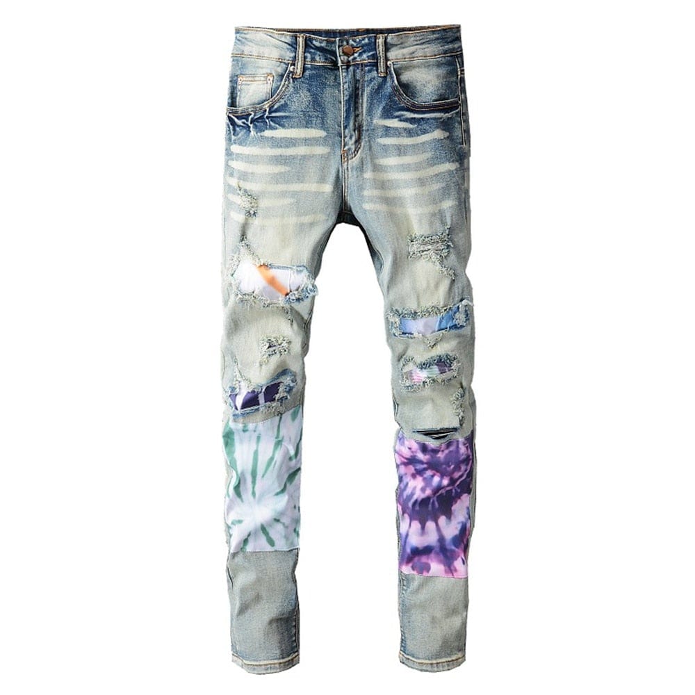 Men Patchwork Ripped Stretch Denim Jeans