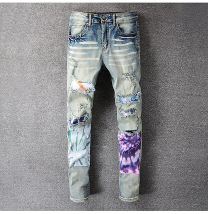 Men Patchwork Ripped Stretch Denim Jeans